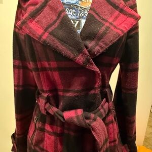 Jou Jou Women's Trench Coat - Burgundy and Black Plaid
